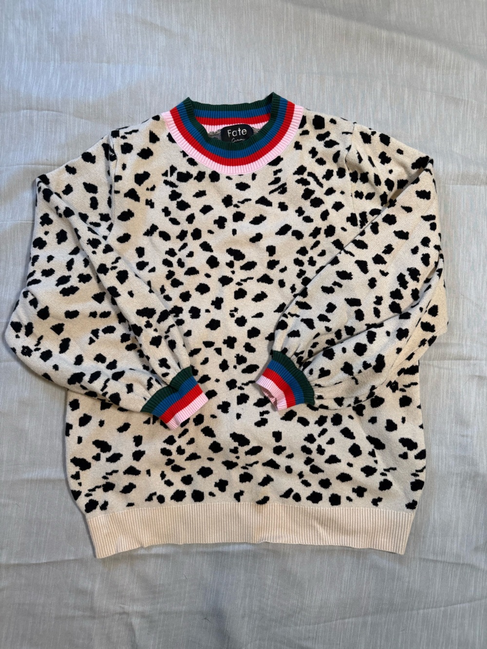 Fate Boutique Dalmatian Dot Sweater Rainbow Colorblock Striped Trim Crewneck